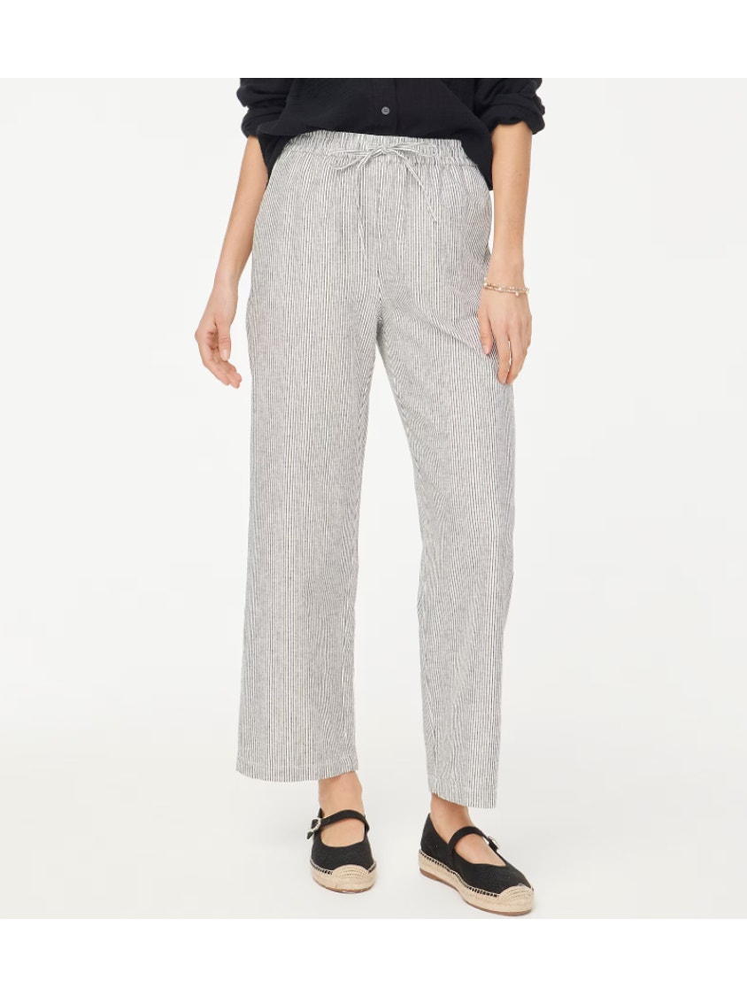 J.Crew Linen Blend Slim Wide Leg Drawstring Pants 14 Black White Striped Relaxed